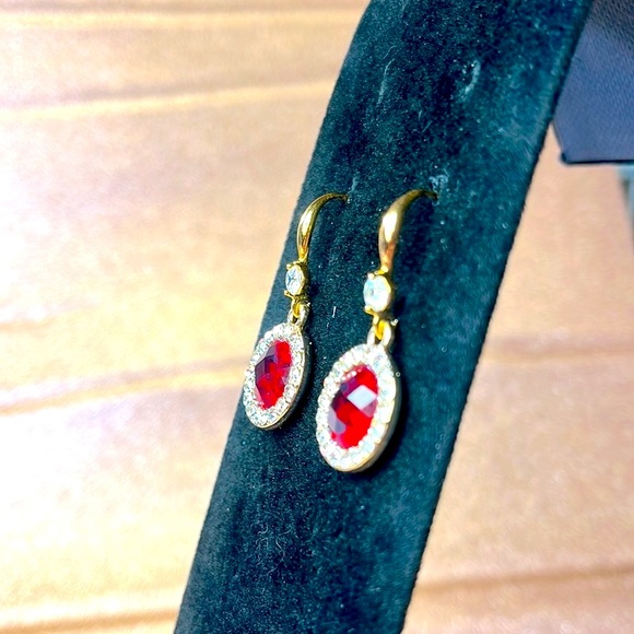 Yellow Gold Red & White Dropped Earrings - Picture 4 of 4